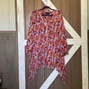 Lane Bryant Chiffon Baby Doll Pink & Red  Asymmetrical Tunic SIZE 22/25. P2P 28”